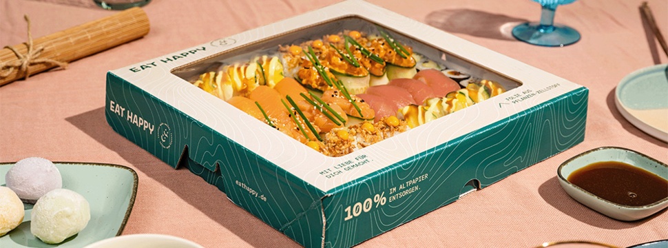 Eat Happy Sushi-Platter Magic Sushi Love in der neuen faserbasierten Verpackung