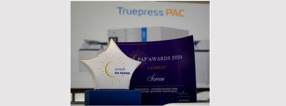 Die Truepress PAC 520P Inkjet-Digitaldruckmaschine von SCREEN wurde bei der Nuit du Papier 2024 mit dem Pap'Awards de l'Impression für Transformation im Verpackungsbereich – Papier & Pappe ausgezeichnet.