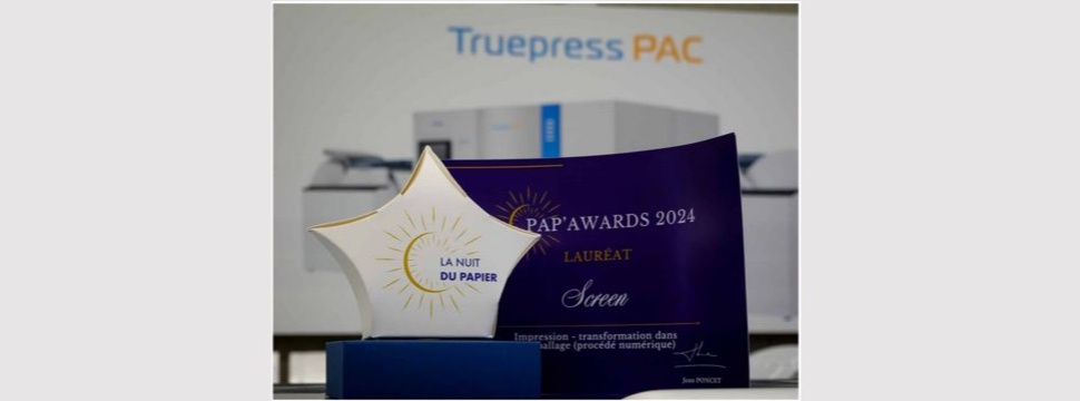 SCREEN’s Truepress PAC 520P inkjet digital press has been awarded the Pap’Awards de l’Impression for Transformation in Packaging – Paper & Cardboard at NuitduPapier 2024.