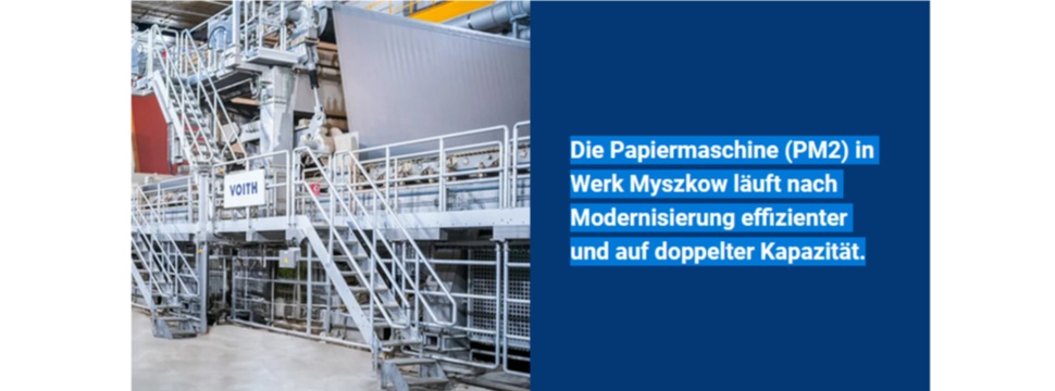 Die Papiermaschine (PM2) in Werk Myszkow läuft nach Modernisierung effizienter und auf doppelter Kapazität.