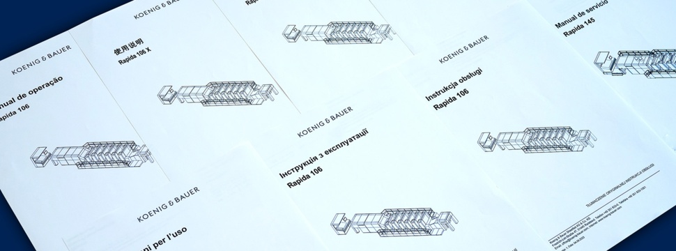 Cover pages for BOM-driven operating instructions for the various Rapida press models from Koenig & Bauer