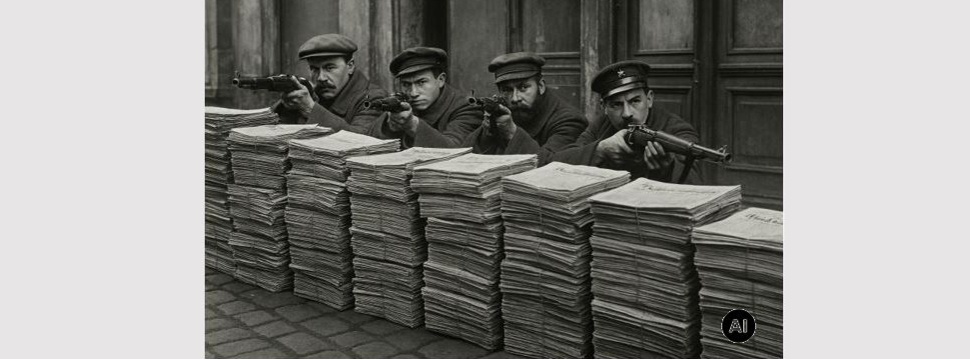Bewaffnete Spartakisten hinter Zeitungsstapeln