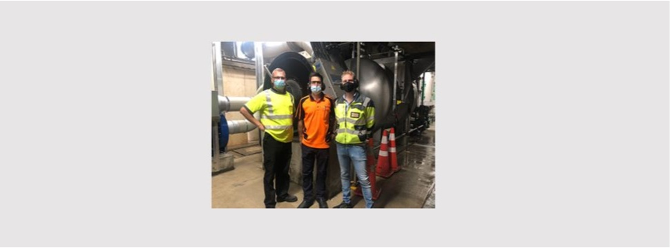 Matthew Bain, Project Manager, Essity AustralAsia (in the middle) pictured with Runtech Systems start-up team Hannu Kääriä, Sales Director, APAC, (left) and Toni Raja, Project Manager, in front of the new EP600 Turbo Blower.